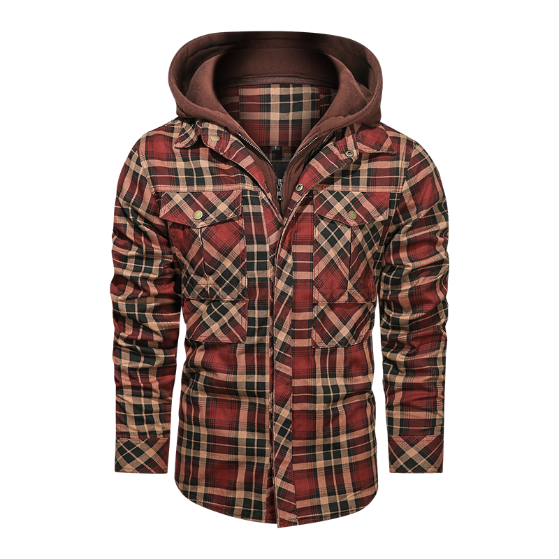 Men Long-sleeved Plaid Jacket Regular Fit Fleece Detachable Hoodies Jackets