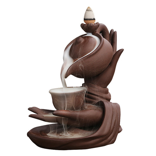 Ceramic Waterfall Incense Burner - Buddha Hand Tea/ Chai kettle Incense Burner - Indoor Smoke Back-flow Incense Fountain - Buddhist Altar Table Decor