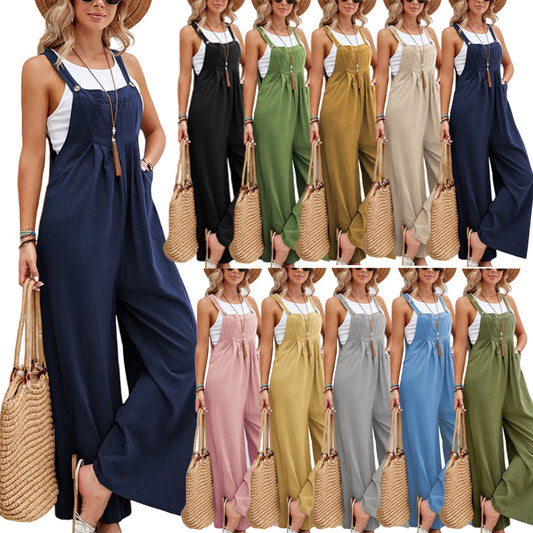 Women Long Bib Pants - Casual Loose Rompers Jumpsuits With Pockets - Summer Collection